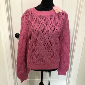 Leyden Womens Pink Open‎ Knit Diamond Pointelle Puff Sleeve Sweater Large NEW